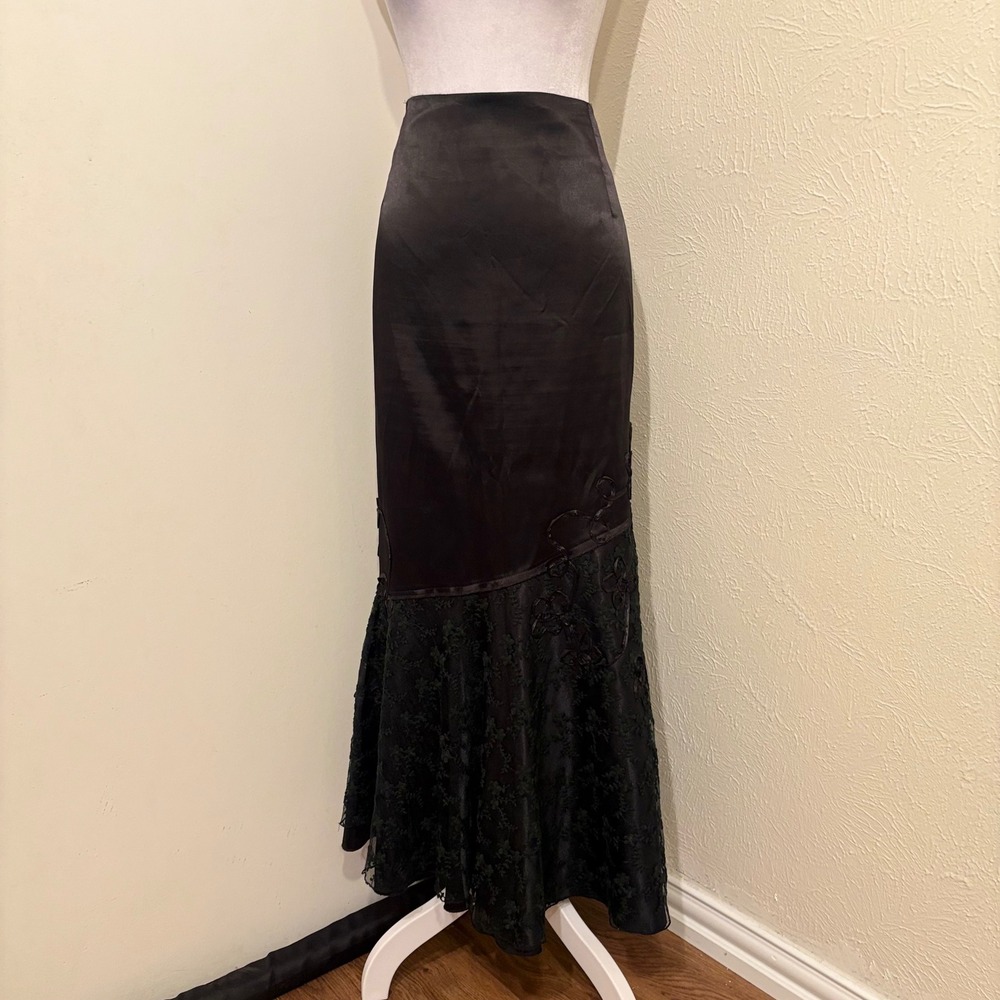 Black Satin Lace Asymmetric Maxi Skirt Floral Embroidery Whimsygoth Gothic 2X